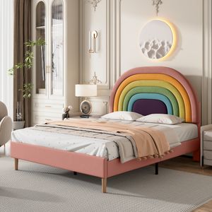 Flieks Postel pro mladé 140x200 cm Čalouněná postel s roštovým rámem, manželská postel z masivu s duhovým čelem, dětská postel Velvet, růžová