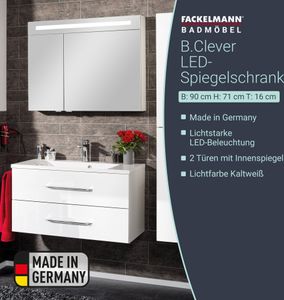FACKELMANN Spiegelschrank B.CLEVER / zweitürig / Spiegelschrank mit gedämpften Scharnieren / Maße (B x H x T): ca. 90 x 71 x 16 cm / hochwertiger Spiegelschrank / Möbel fürs WC und Bad / Korpus: Weiß