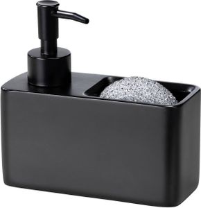WENKO Spülmittelspender Resa Schwarz mit Schwammablage 14,5 x 14,3 x 6 cm