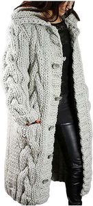ASKSA Damen Strickjacke Grobstrick Casual Sweater Cardigan mit Knoepfen Oversize Strickcardigan, Hellgrau, S