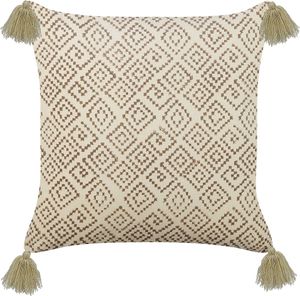 BELIANI Poduszka dekoracyjna beżowa welurowa z bawełną 45 x 45 cm wykonana drukiem blokowym wzór geometryczny dodatek boho
