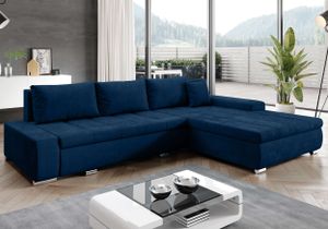 FURNIX Ecksofa TOMMASO Sofa mit Schlaffunktion Bettkasten und Kissen Couch pflegeleichter Stoff L -Form BLAU MH77