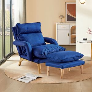 Moderner Ohrensessel mit Hocker, Relaxsessel mit 5 Verstellbare Rückenlehnenwinkel und Ottomane für Wohnzimmer Schlafzimmer,blau