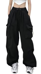 ASKSA Dámské Cargo kalhoty Baggy široké nohy kalhoty Y2K Track kalhoty Vintage vysoký pas ležérní kalhoty s kapsami, černá, S