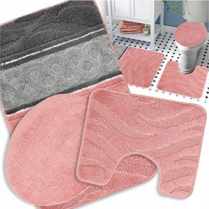 Badteppich Set 3-tlg. Rosa - Badezimmer Teppich Rutschfest & Weich - Badteppich, Badvorleger - Badematten Set Rosa & Grau 50x80 cm