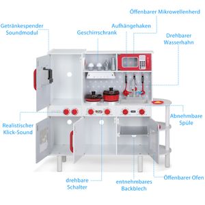 Spielküche Spielzeug Küche Kinderküche mit Mikrowelle Zubehör Höhenverstellbar Backofen Herd Sound  38tlg. Holzküche