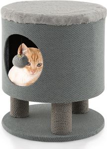 COSTWAY stolička pre mačky s mačacou jaskyňou 20x19cm, domček pre mačky škrabadlo pre mačky 40 x 40 x 47 cm (sivá)