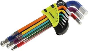 Klucze imbusowe kuliste, 180 mm, rozmiary 1,5 - 10 mm, 9 szt., kolorowe