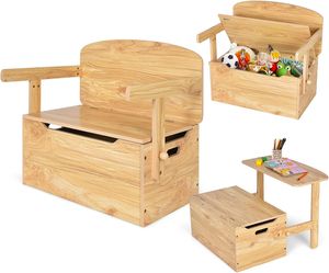 GOPLUS Kindertisch mit Sitzbank, 3-in-1 Kindersitzgruppe mit Stauraum, Kindertruhenbank, Spielzeugkiste Kindermöbel Sitzgarnitur Kinder für Kindergarten Spielzimmer (Natur)