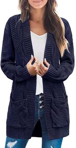 ASKSA Damen Langarm Strickjacke Mittellange Elegant Mantel Open Front Zopfstrick Sweater mit Taschen, Dunkelblau, M