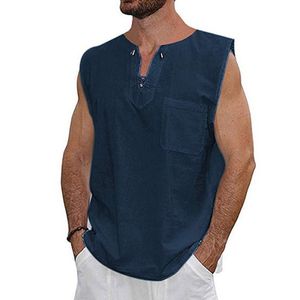 Herren Baumwolle Leinen Weste Lässige Lose Tank Top T-Shirt Ärmellose Pullover Bluse,Farbe: Navy Blau,Größe:XL