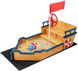 Sandkasten aus Tannenholz, Piratenschiff Boot Segelschiff, Sandkiste mit Bodenplane und Sitzbank, für Garten Sandbox Outdoor (Modell 1)