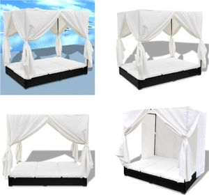 vidaXL Outdoor Loungebett mit Vorhang Poly Rattan Schwarz - Sonnenliege - Sonnenliegen - Liegestuhl - Liegestühle