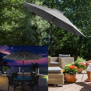 SONGMICS Sonnenschirm mit LED-Solar-Beleuchtung, Gartenschirm Ø 270 cm, UV-Schutz bis UPF 50+, knickbar, mit Kurbel zum Öffnen und Schließen, ohne Ständer, grau GPU040G01