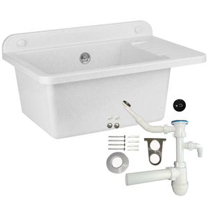 Waschbecken mit Siphon Ausgussbecken aus Kunststoff weiß Granit Farbe, 50 cm Länge hängen Wasserinstallation Küche Badezimmer robuste Waschtrog
