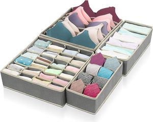 Aufbewahrungsbox für Unterwäsche und Socken, Schrank und Schubladen Ordnungssystem, 4er Faltbox Kleiderschrank Organizer für BHS,Socken, Unterhosen und Kleine Zubehörteile