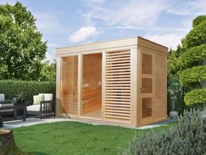 Wolff Finnhaus Wolff Sauna Paradiso - 2-Raum Gartensauna 3 Sitzbänke aus Holz, Sauna mit 75 mm Wandstärke, Außensauna mit Montagematerial
