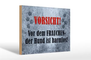 Holzschild Hinweis 30x20cm Vorsicht Frau Hund harmlos