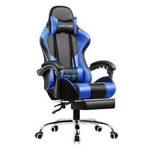GTPLAYER Herní židle s podnožkou a masážním bederním polštářem Kancelářská židle pro hráče Ergonomická herní židle s připojitelnými područkami Nosnost až 150 kg MODRÁ