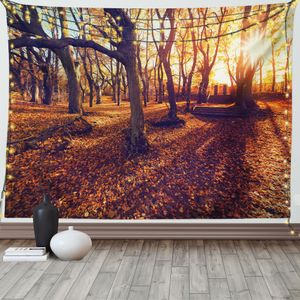 ABAKUHAUS Landschaft Wandteppich, Sonnenuntergang Wald Bäume, Wohnzimmer Schlafzimmer Heim Seidiges Satin Wandteppich, 200 x 150 cm, Gelb Braun