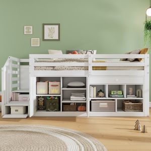 Flieks Etagenbett 90x200cm mit Schrank, Hochbett mit Leiter und Treppe, Kinderbett Stockbett Einzelbett mit Rausfallschutz, Holzbett für Kinder, Weiß Flieks Etagenbett 90x200cm mit Schrank, Hochbett mit Leiter und Treppe, Kinderbett Stockbett Einzelbett mit Rausfallschutz, Holzbett für Kinder, Weiß
