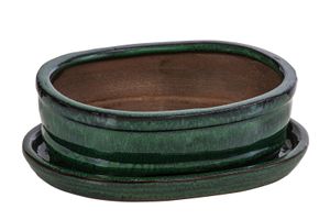 Dehner Bonsaischale, mit Untersetzer, oval, ca. 15 x 4,5 x 12 cm, Keramik, dunkelgrün