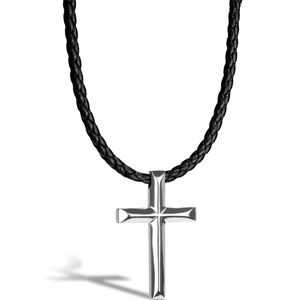 SERASAR | Leder Collier für Männer [Cross] mit silbernem Edelstahl Anhänger | Farbe: Silber | Länge: 50cm