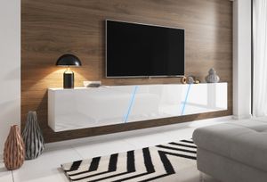 TV-Unterteil in Hochglanz weiß Lack hängend oder stehend Lowboard Space inkl. RGB Beleuchtung 240 x 35 cm