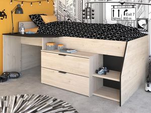 PARISOT Kinderbett mit Schreibtisch & Stauraum GISELE - 90x200 cm - Eiche & Schwarz PARISOT Kinderbett mit Schreibtisch & Stauraum GISELE - 90x200 cm - Eiche & Schwarz