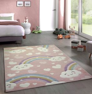 Kinderteppich Kinderzimmerteppich Babyteppich Regenbogen und Wolken rosa Größe - 160 cm Rund