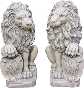 Schöne Löwen mit Schild als Set aus Steinguss perfekt für den Garten die Terrasse oder den Vorgarten ist Frostfest Witterungsbeständig und Neu 54cm H, PO-637uPO-638