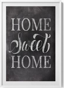 Inschrift für Wohnung „home, sweet home“– Wandbild mit Rahmen – Gerahmtes Bild  – Wanddekoration – 70x100 cm –  Weiß Rahmen