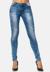 Damen Denim Jeans Hose Skinny Stretch Röhre Pants mit Glitzer Strass Steinen 5 Pocket Design, Farben:Dunkelblau, Größe:46
