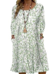 Damen Sommerkleider Langarm/Kurzarm Kleid Hawaii Minikleid Freizeitkleider Strandkleid Grün Langarm,S