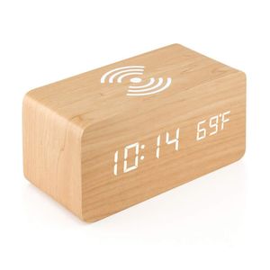 Digitálny drevený budík s bezdrôtovou nabíjačkou, drevené digitálne hodiny, s hlasovým ovládaním / funkciou budenia / dátumom / teplotou a pre domácnosť a kanceláriu (bambus)