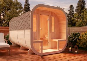 FinnTherm Fasssauna ScandiCube Deluxe Fasssauna 2 Sitzbänke aus Holz , Sauna mit 42 mm Wandstärke, Außensauna