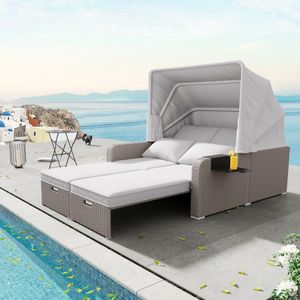 Merax Polyrattan Gartenmöbel Set mit Sonnendach und Gartenliege, Strandkorb verstellbar, Gartensofa Gartenlounge mit Kissen, Loungeset für 2 Personen