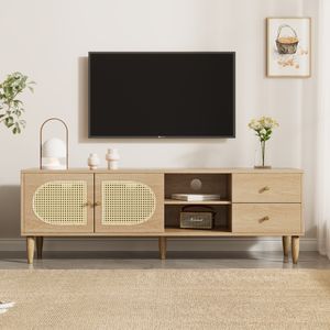 Merax TV-Schrank mit Rattantüren, Lowboard mit Schubladen und Regalen, Fernsehtisch TV Lowboard Schrank, 150x40x50cm, Natur