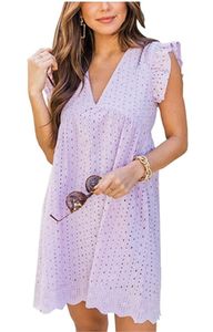 ASKSA Damen Elegant Rüschen Kleider Integriertem Shorts Sommer V-Ausschnitt Minikleid Kleid mit Taschen, Violett, L