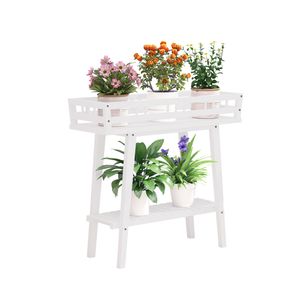WISFOR Blumenständer mit 2 Ablagen, Holz Blumenhocker Blumentisch Blumensäule Bücherregal, Telefontisch