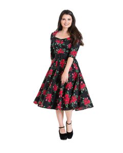 50er Jahre retro Rosen Swing langarm Petticoat Kleid von Hell Bunny, Größe:XS, Farbe:Schwarz