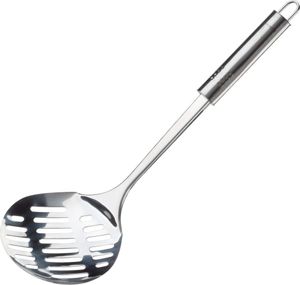 Fackelmann Abseihlöffel 35 cm OVALGRIFF, Küchenhelfer mit ergonomischem Griff, Schaumlöffel auf Edelstahl (Farbe: Silber)