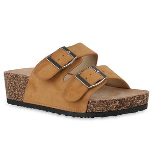 VAN HILL Damen Pantoletten Sandaletten Bequem Profil-Sohle Schuhe 841243, Farbe: Hellbraun, Größe: 39
