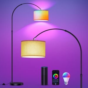 RGB LED oblouková lampa Látkové stínítko 165-180 cm Výškově nastavitelná E27 Obývací pokoj Ložnice Chytrá stojací lampa s Alexou a Google Home