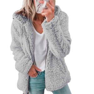 Damen Warme Teddybär Kapuzenweste Flauschige Fleece-Reißverschluss-Jacke Outwear,Farbe: Hellgrau,Größe:S