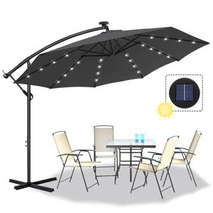 Sessamen-LP Alu Sonnenschirm Ampelschirm LED Solar  Ø300 cm mit Kurbelvorrichtung Gartenschirm Balkonschirm ,UV-Schutz 40+，Dunkelgrau