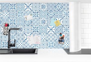 Küchenrückwand - Musterfliesen Blau Weiß, Größe HxB:70cm x 50cm, Ausführung:Smart Glanz