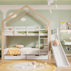 Flieks Etagenbett mit Rausfallschutz, Kinderbett mit Rutsche und Leiter, Hochbett mit 2 Schubladen, Hausbett Massivholzbett Stockbett 90x200cm, Weiß