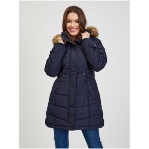 Tmavomodrý dámsky prešívaný zimný kabát s odnímateľnou kapucňou s kožušinou 34 40