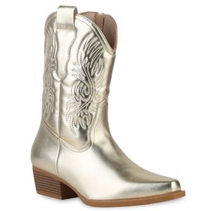 VAN HILL Damen Cowboy Boots Stiefeletten Stickereien Schuhe 840254, Farbe: Gold, Größe: 37